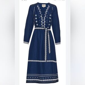 Sea New York Blue Embroidered Belted Silk & Linen Tiered Sundress, Size 2